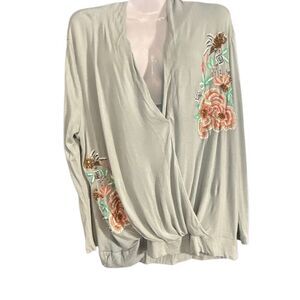 Akemi + Kin Embroidered Wrap Front Top Size Large Sage Green Boho Beaded